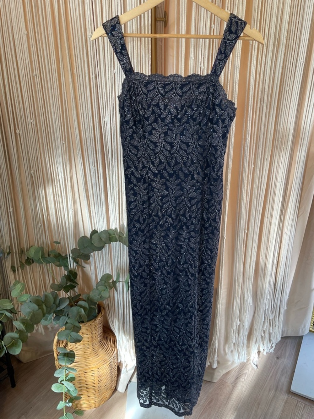 Vintage navy blue formal evening gown floral lace overlay metallic thread